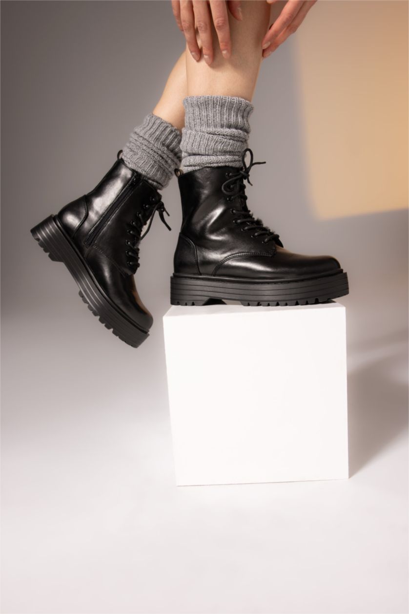 FEMME Noir Bottes D'Hiver Cuir Synthétique à Semelle Épaisse Pour Femme