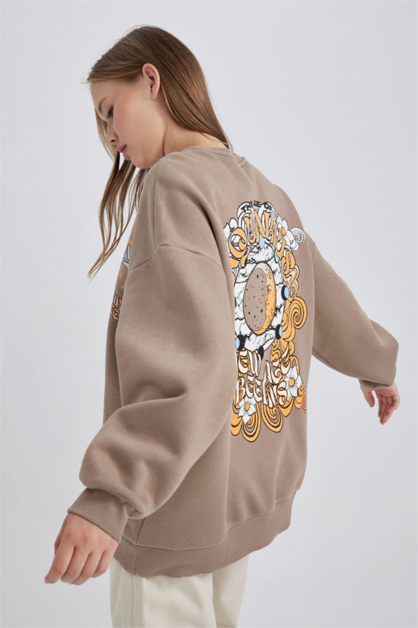 FEMME Beige Sweat- Shirt Coupe Oversize Col Rond Imprimé