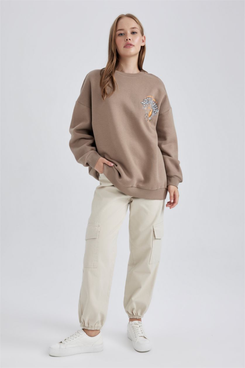 FEMME Beige Sweat- Shirt Coupe Oversize Col Rond Imprimé