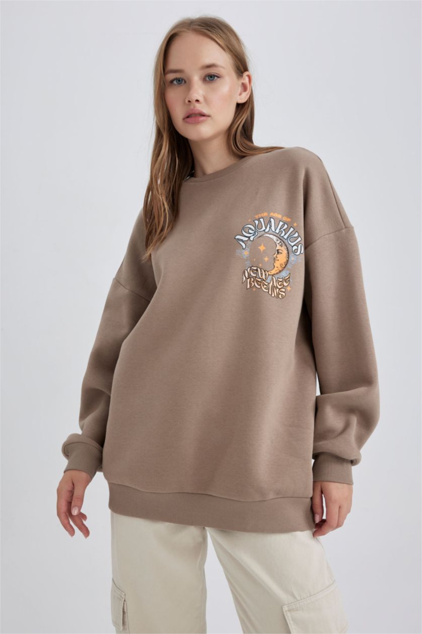 FEMME Beige Sweat- Shirt Coupe Oversize Col Rond Imprimé