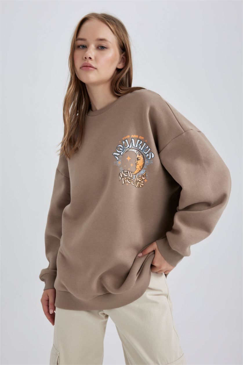 FEMME Beige Sweat- Shirt Coupe Oversize Col Rond Imprimé