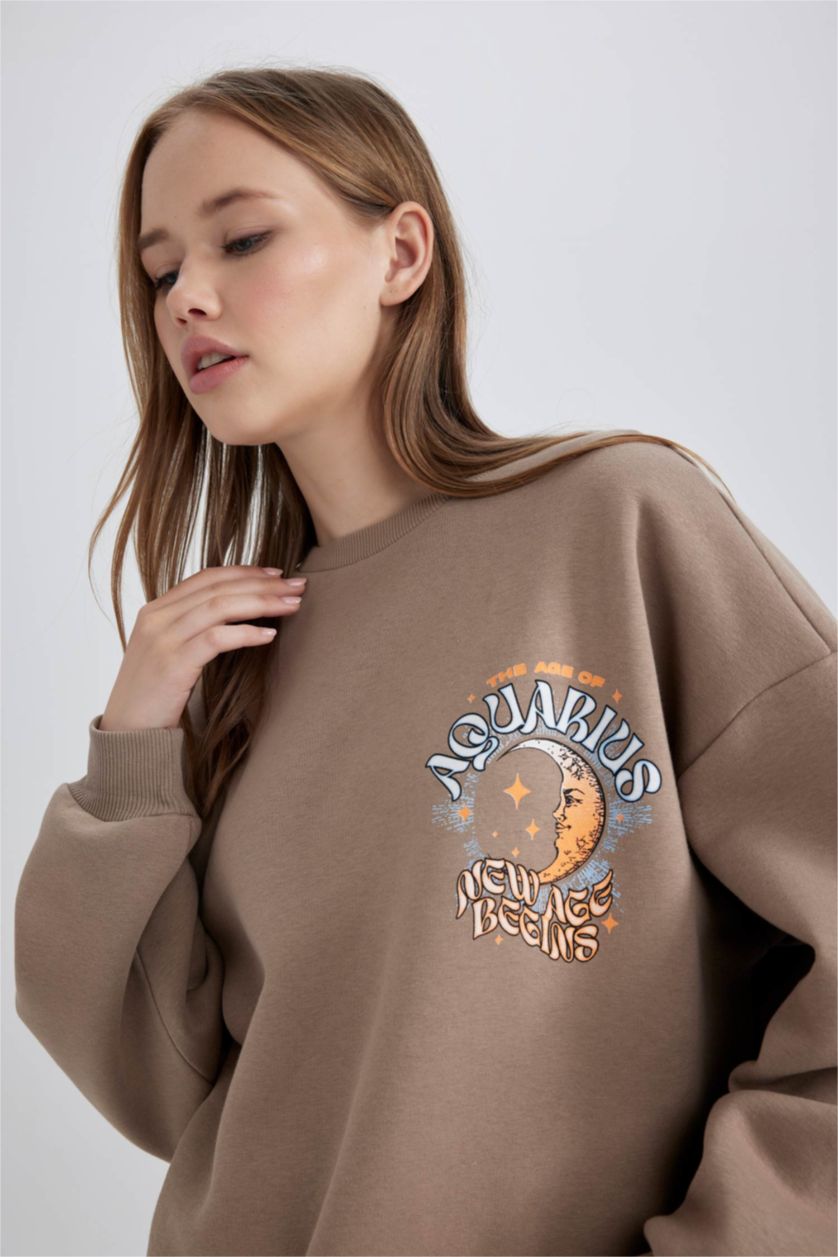 FEMME Beige Sweat- Shirt Coupe Oversize Col Rond Imprimé