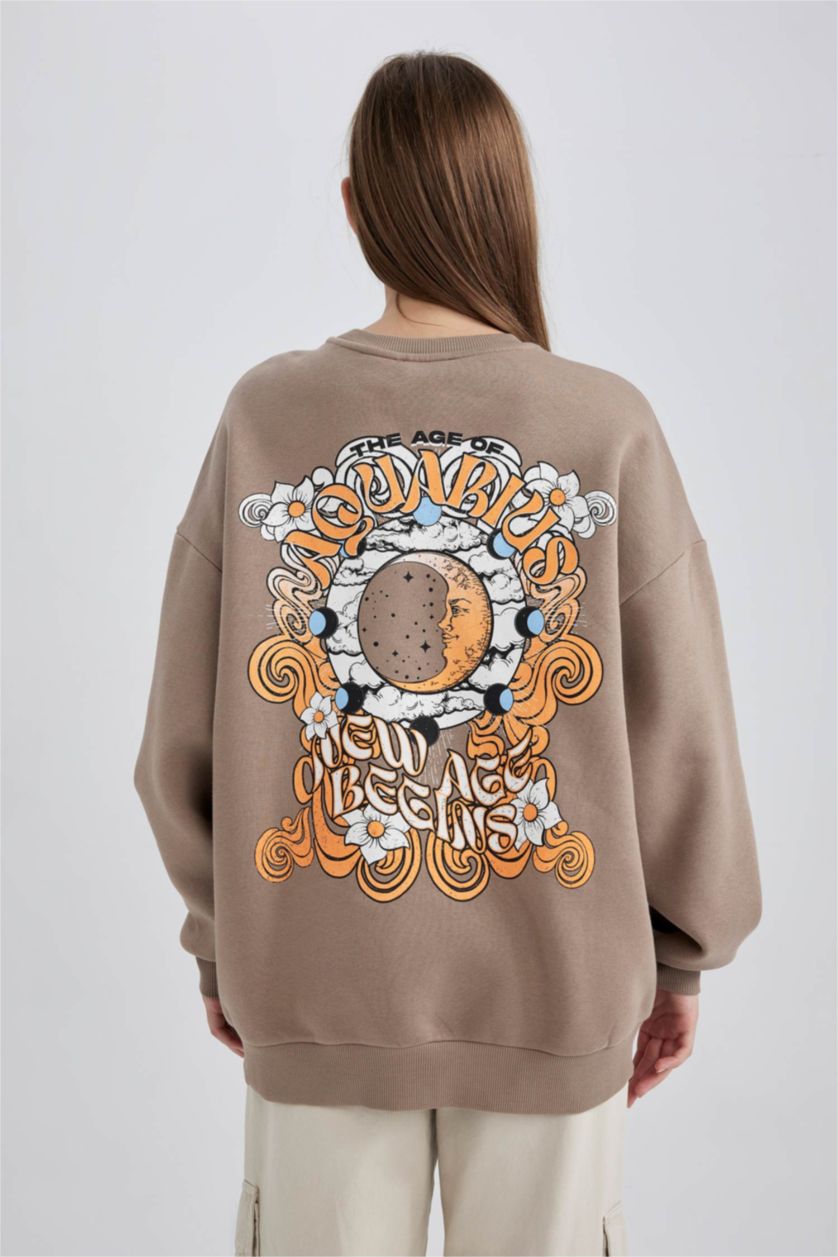 FEMME Beige Sweat- Shirt Coupe Oversize Col Rond Imprimé