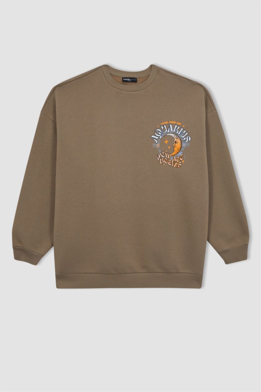 FEMME Beige Sweat- Shirt Coupe Oversize Col Rond Imprimé