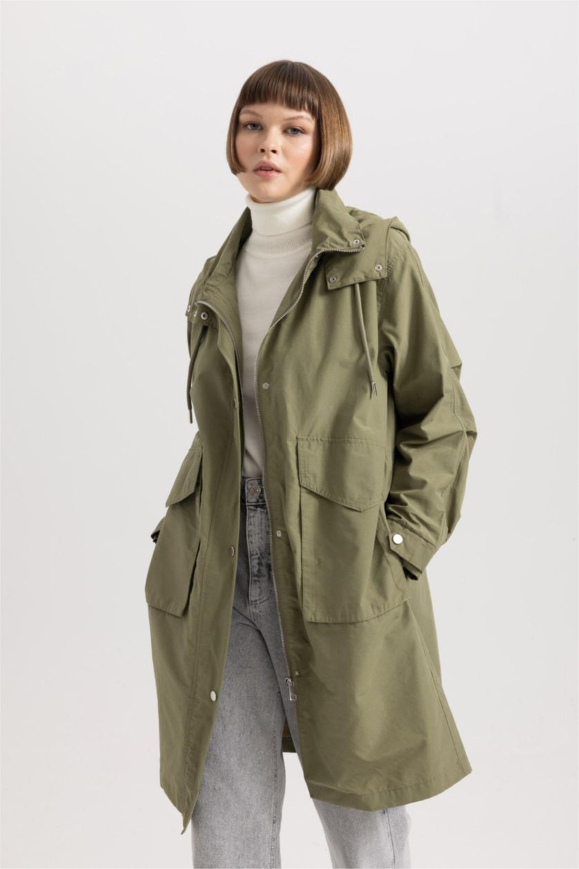 WOMAN Khaki Waterproof Regular Fit Hooded Thin Long Jacket