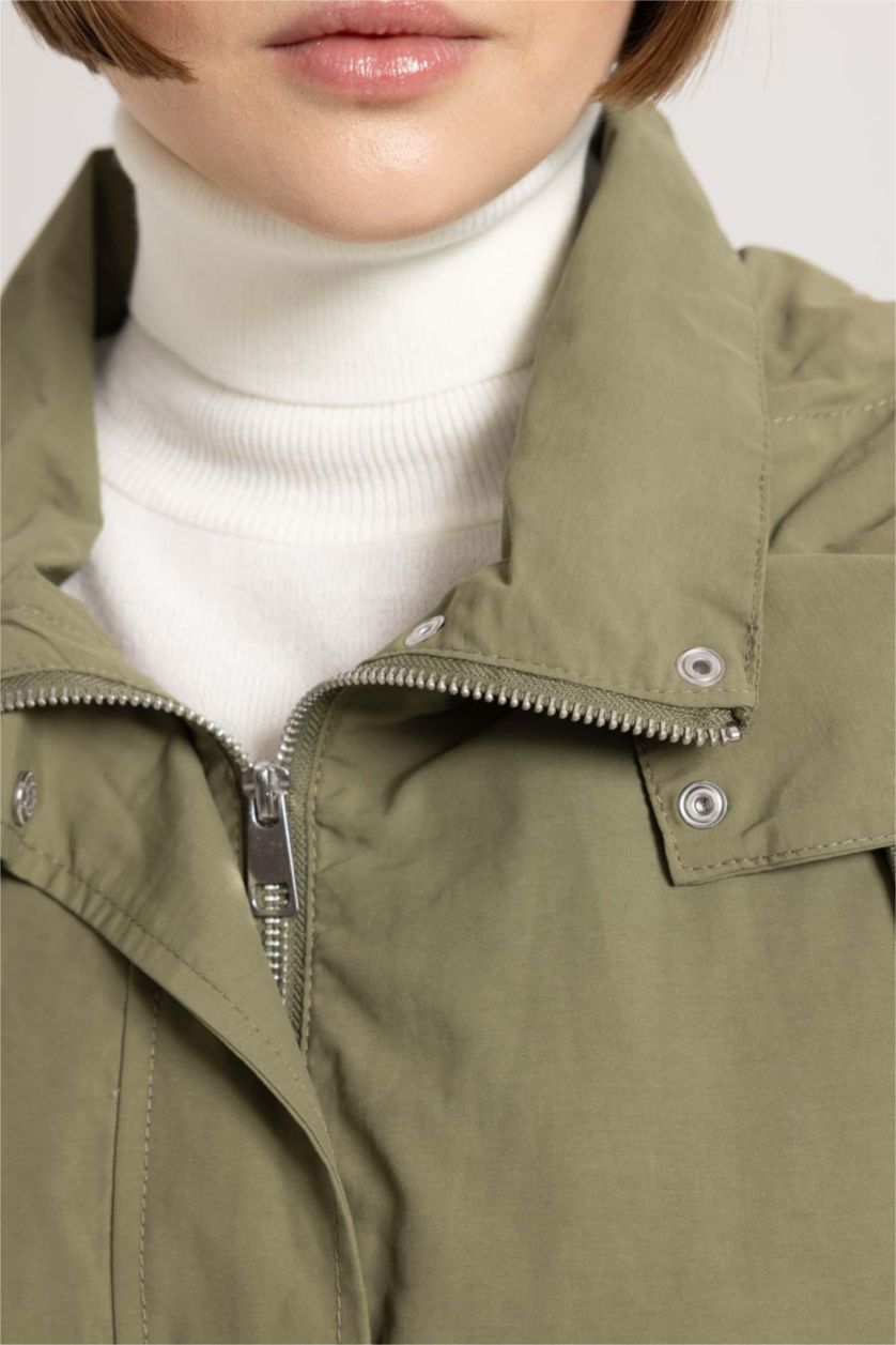 WOMAN Khaki Waterproof Regular Fit Hooded Thin Long Jacket