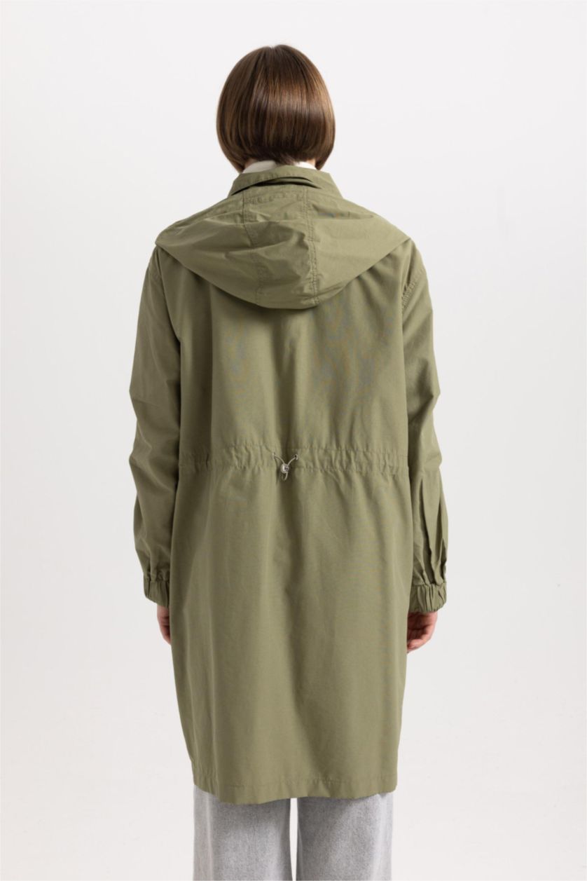 WOMAN Khaki Waterproof Regular Fit Hooded Thin Long Jacket