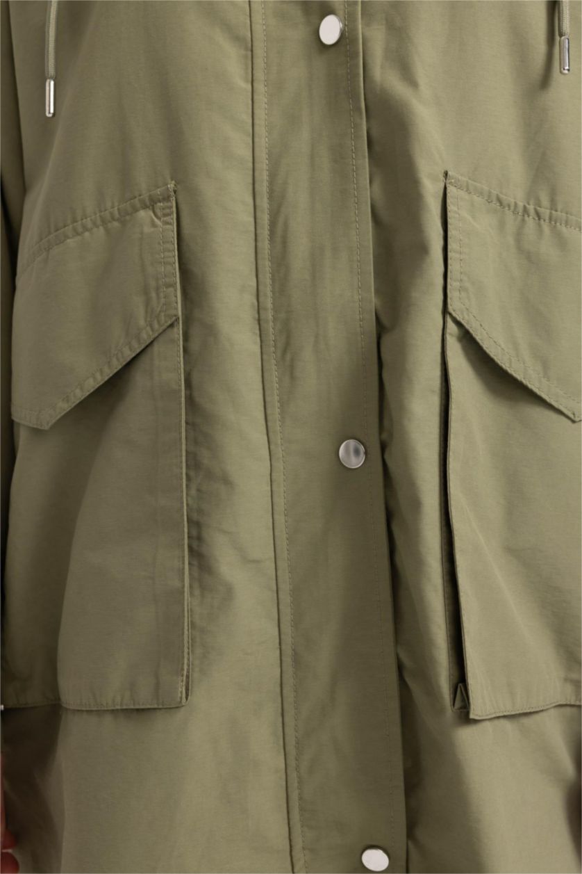 WOMAN Khaki Waterproof Regular Fit Hooded Thin Long Jacket