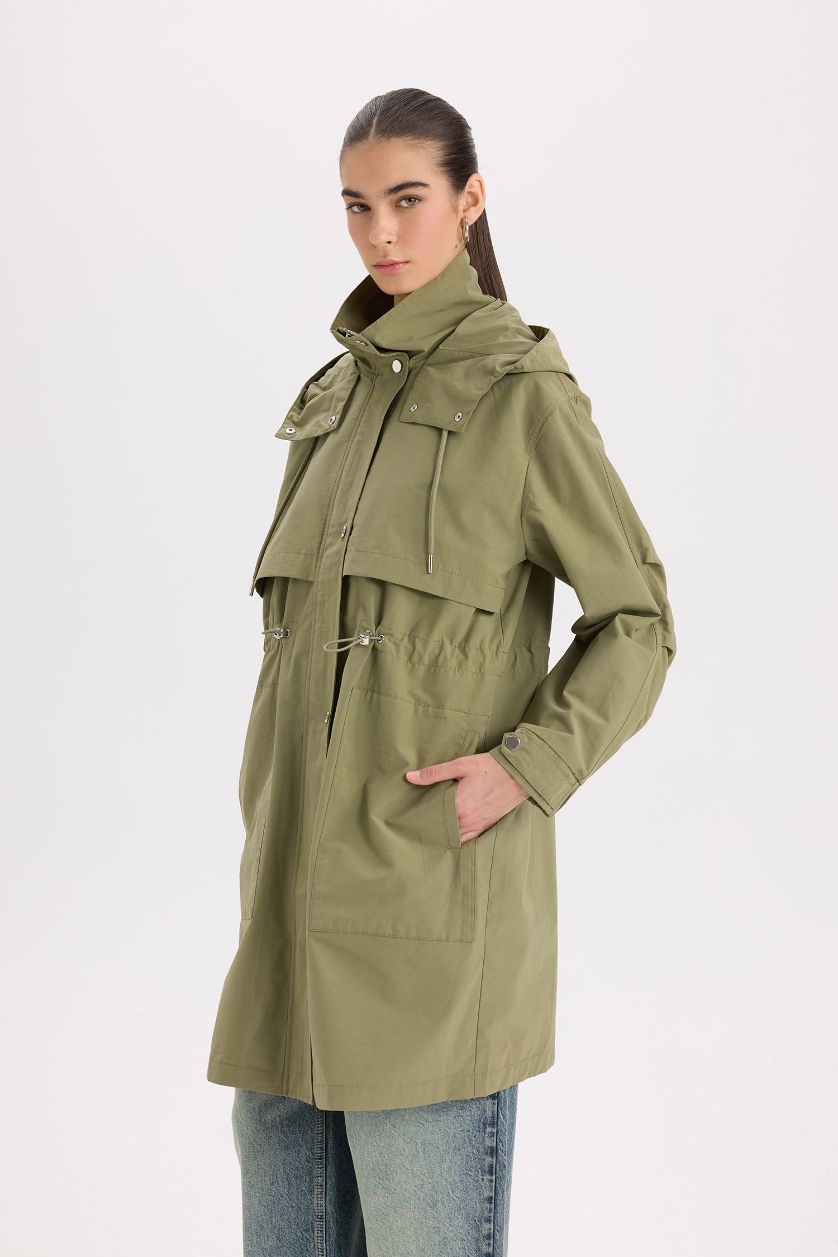 Woman Khaki Oversize Fit Hooded Waterproof Thin Long Jacket