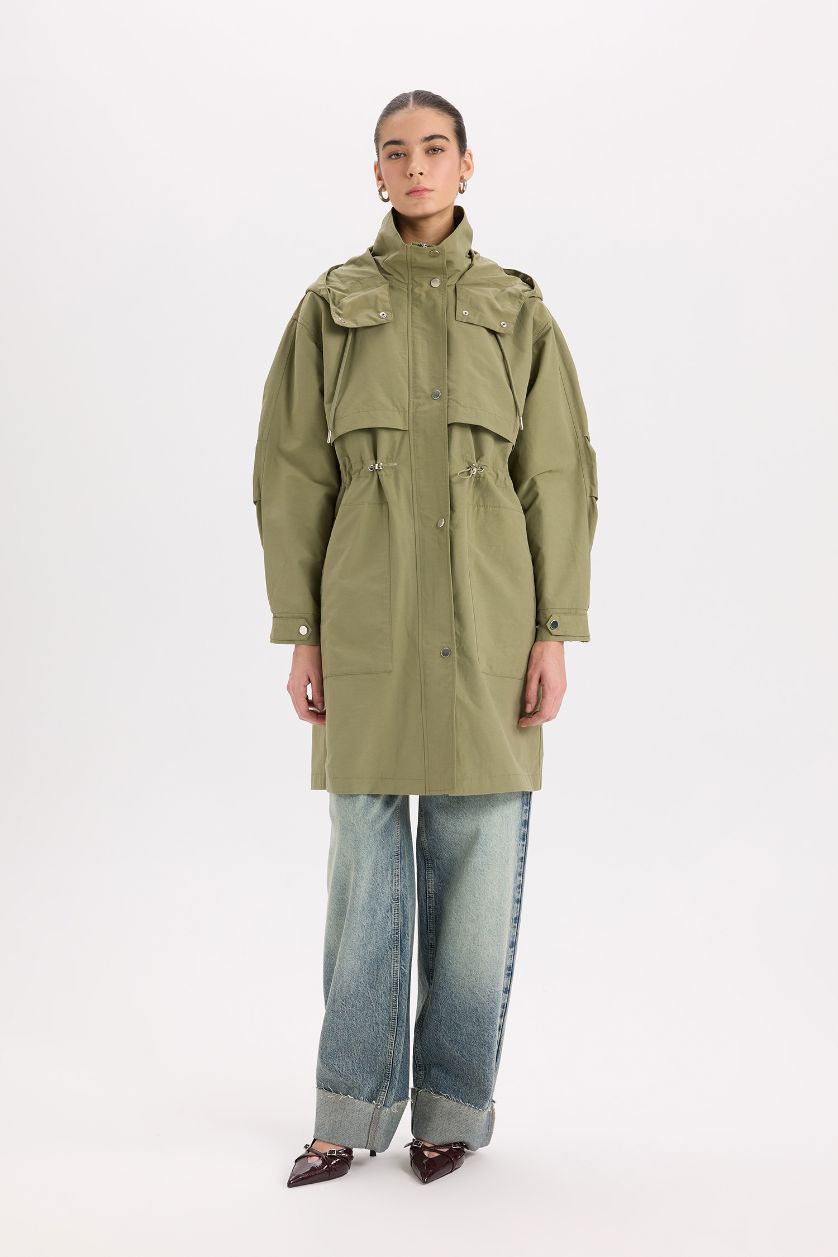 Woman Khaki Oversize Fit Hooded Waterproof Thin Long Jacket