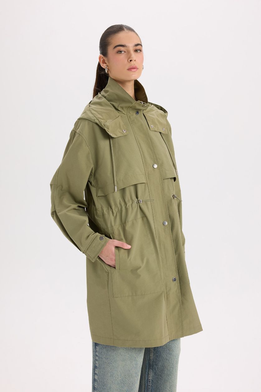 Woman Khaki Oversize Fit Hooded Waterproof Thin Long Jacket