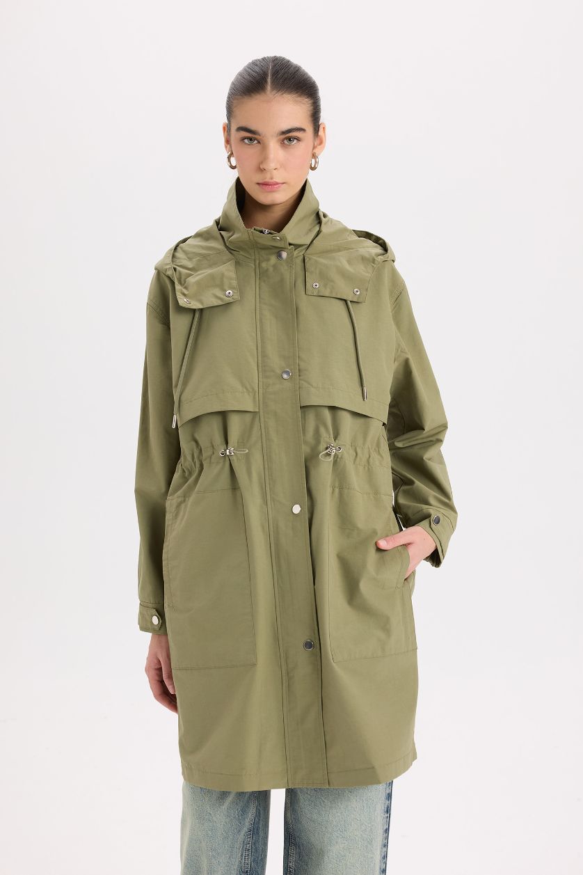 Woman Khaki Oversize Fit Hooded Waterproof Thin Long Jacket