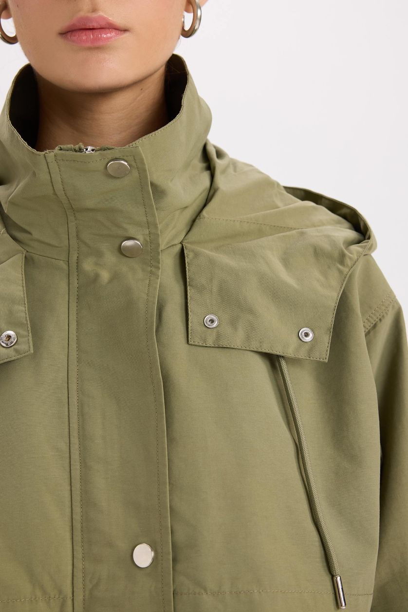 Woman Khaki Oversize Fit Hooded Waterproof Thin Long Jacket