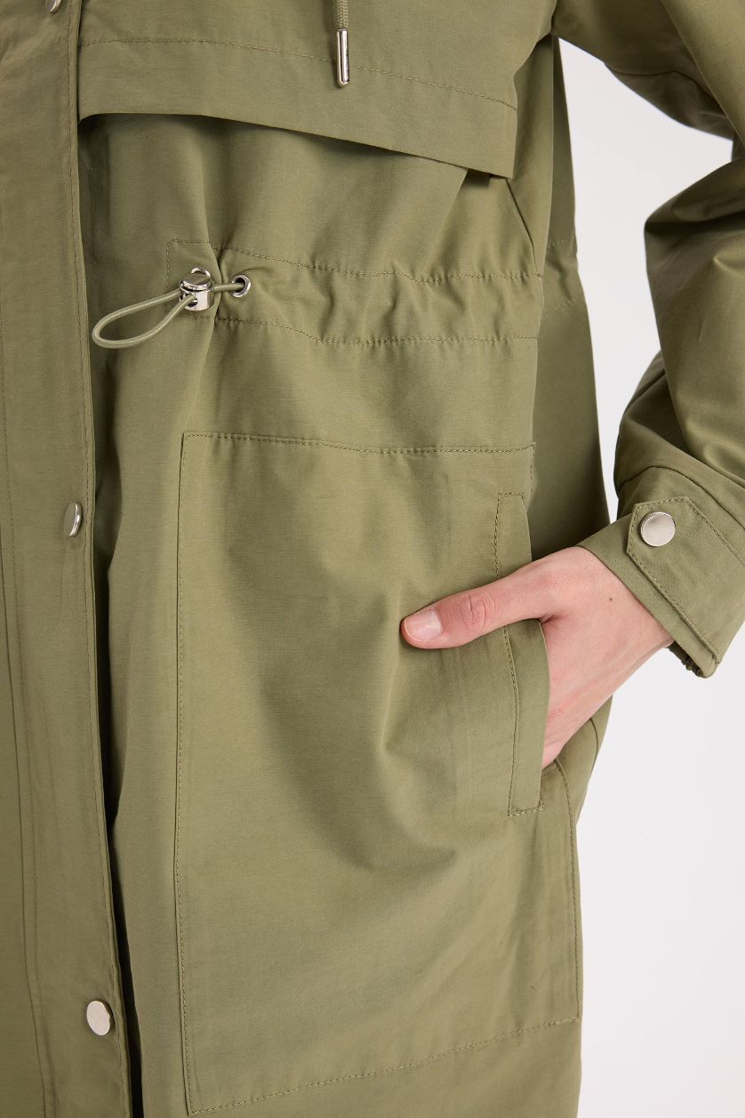 Woman Khaki Oversize Fit Hooded Waterproof Thin Long Jacket