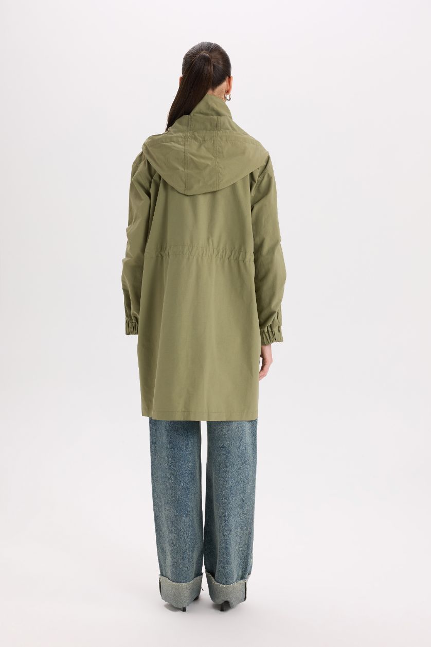 Woman Khaki Oversize Fit Hooded Waterproof Thin Long Jacket
