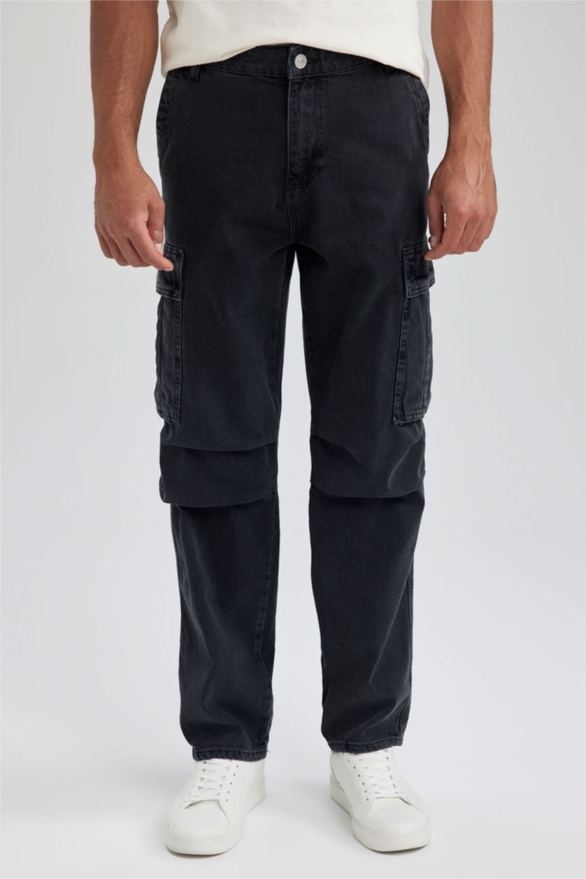 رجالي أسود بنطلون جينز بقصة مريحة