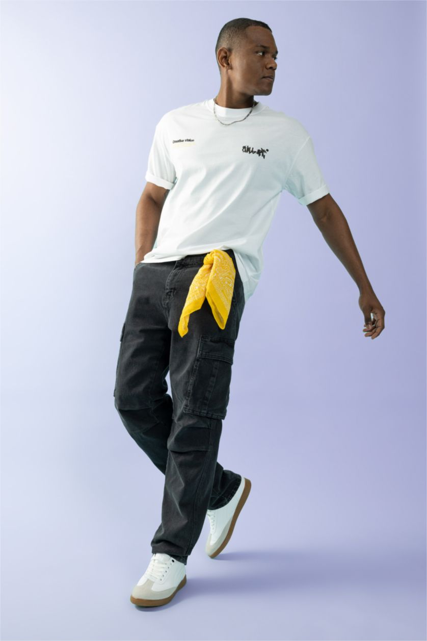 رجالي أسود بنطلون جينز بقصة مريحة