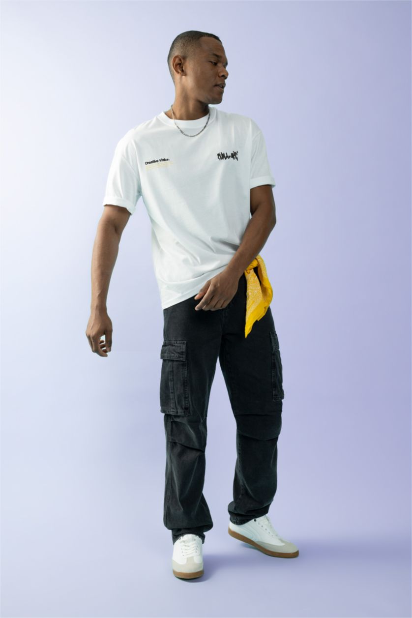 رجالي أسود بنطلون جينز بقصة مريحة