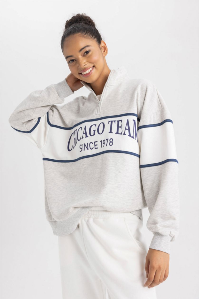 FEMME Gris Sweat- Shirt Coupe Oversize NBA Demi-fermeture éclair Manche Longue Fermeture Zip