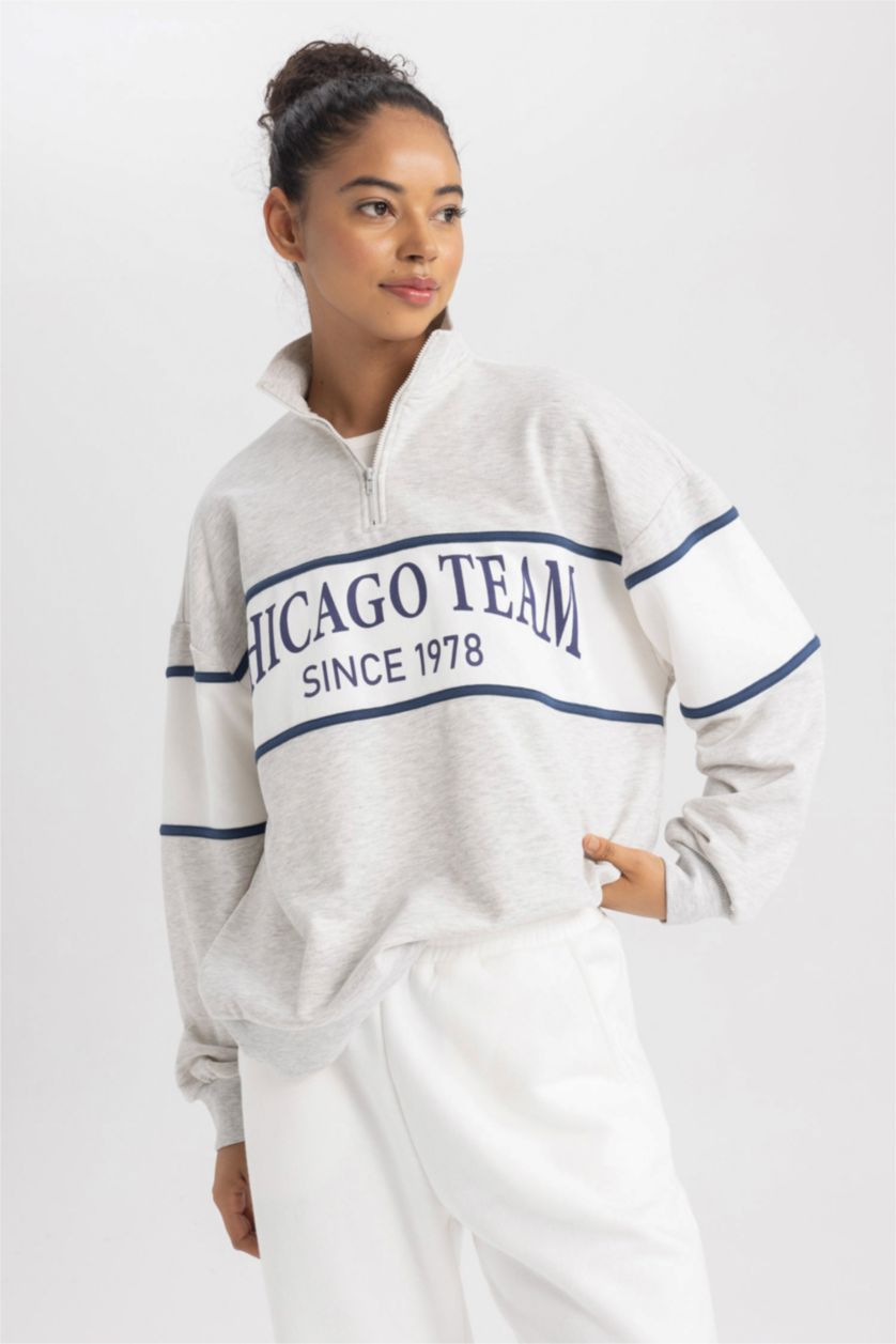 FEMME Gris Sweat- Shirt Coupe Oversize NBA Demi-fermeture éclair Manche Longue Fermeture Zip