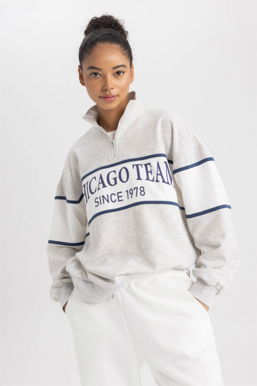 FEMME Gris Sweat- Shirt Coupe Oversize NBA Demi-fermeture éclair Manche Longue Fermeture Zip