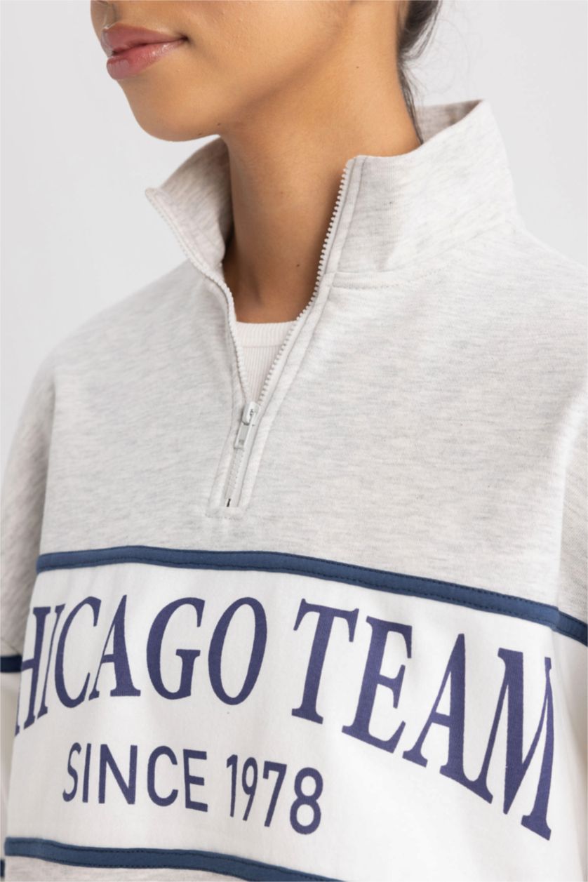 FEMME Gris Sweat- Shirt Coupe Oversize NBA Demi-fermeture éclair Manche Longue Fermeture Zip