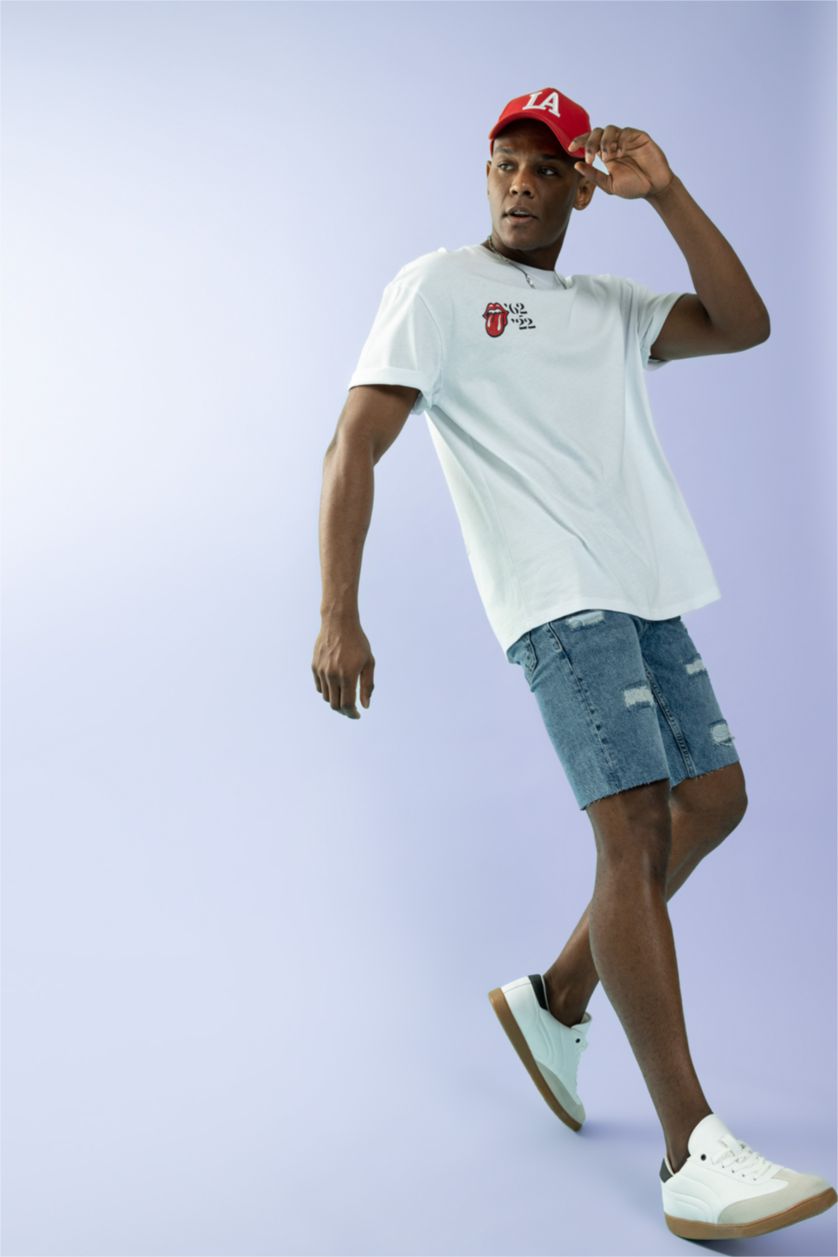 HOMME Blanc T-Shirt Coton Coupe Confort Imprimé Rolling Stones