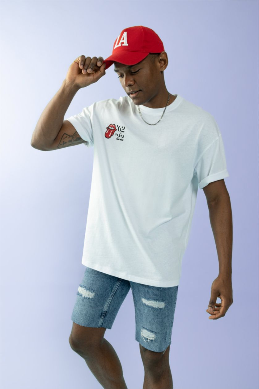 HOMME Blanc T-Shirt Coton Coupe Confort Imprimé Rolling Stones