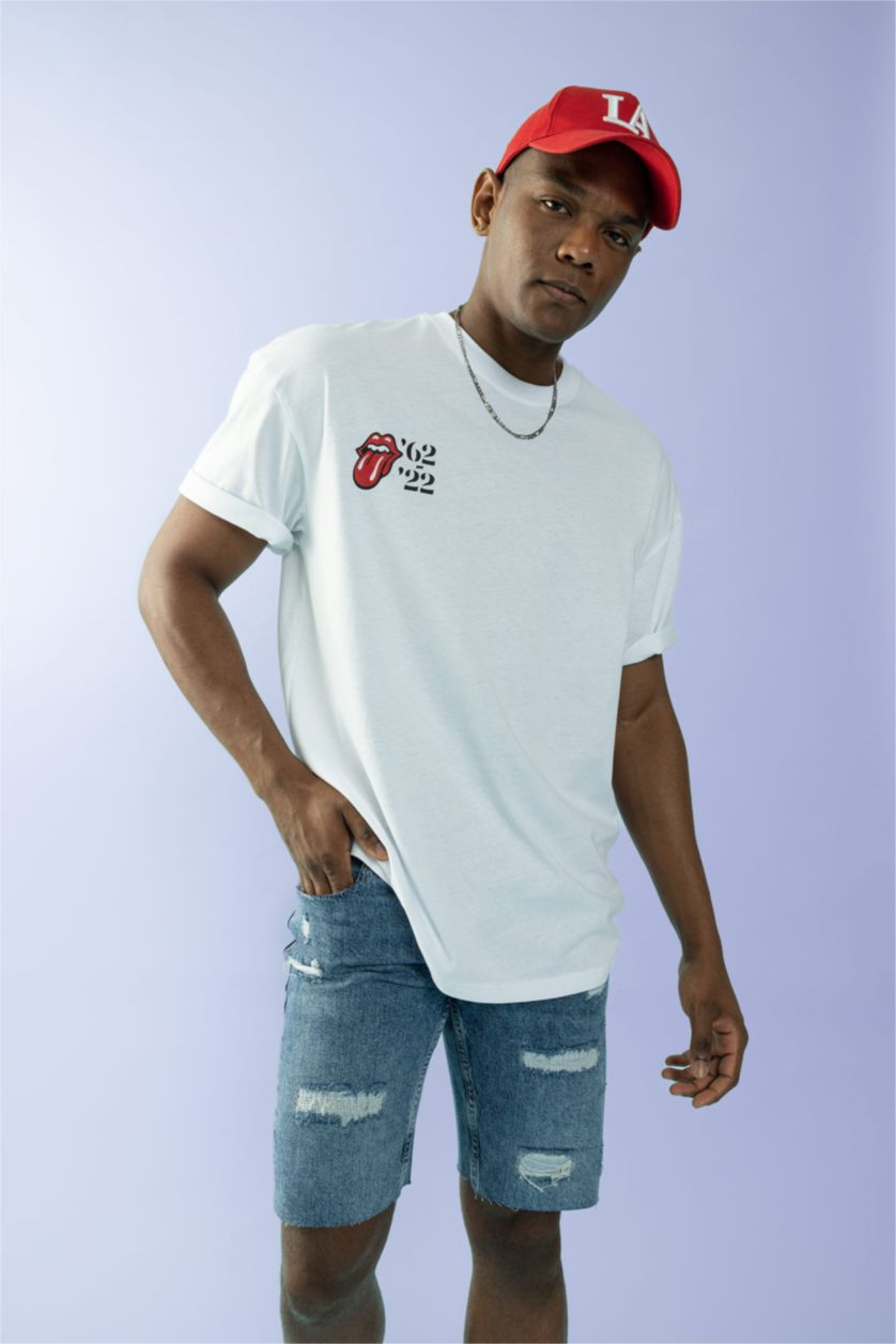 HOMME Blanc T-Shirt Coton Coupe Confort Imprimé Rolling Stones