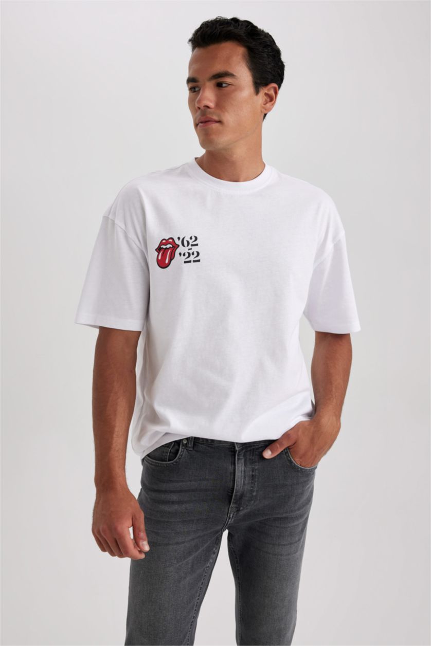 HOMME Blanc T-Shirt Coton Coupe Confort Imprimé Rolling Stones