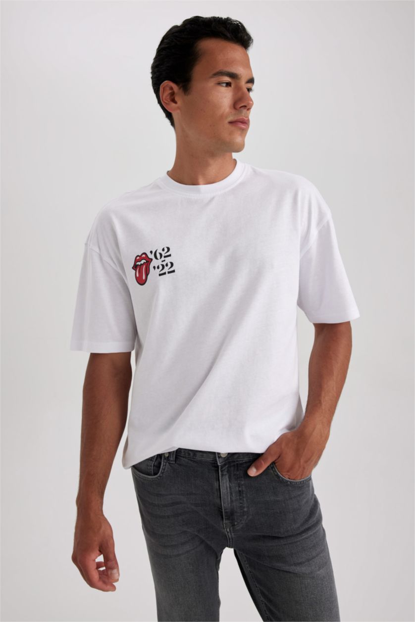 HOMME Blanc T-Shirt Coton Coupe Confort Imprimé Rolling Stones