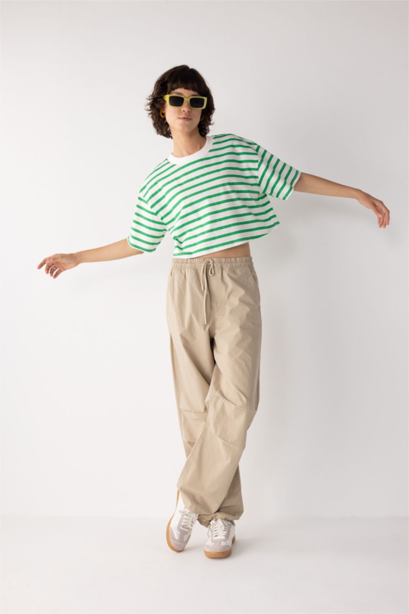 WOMAN Green Striped Short Sleeve Crop Cotton T-Shirt