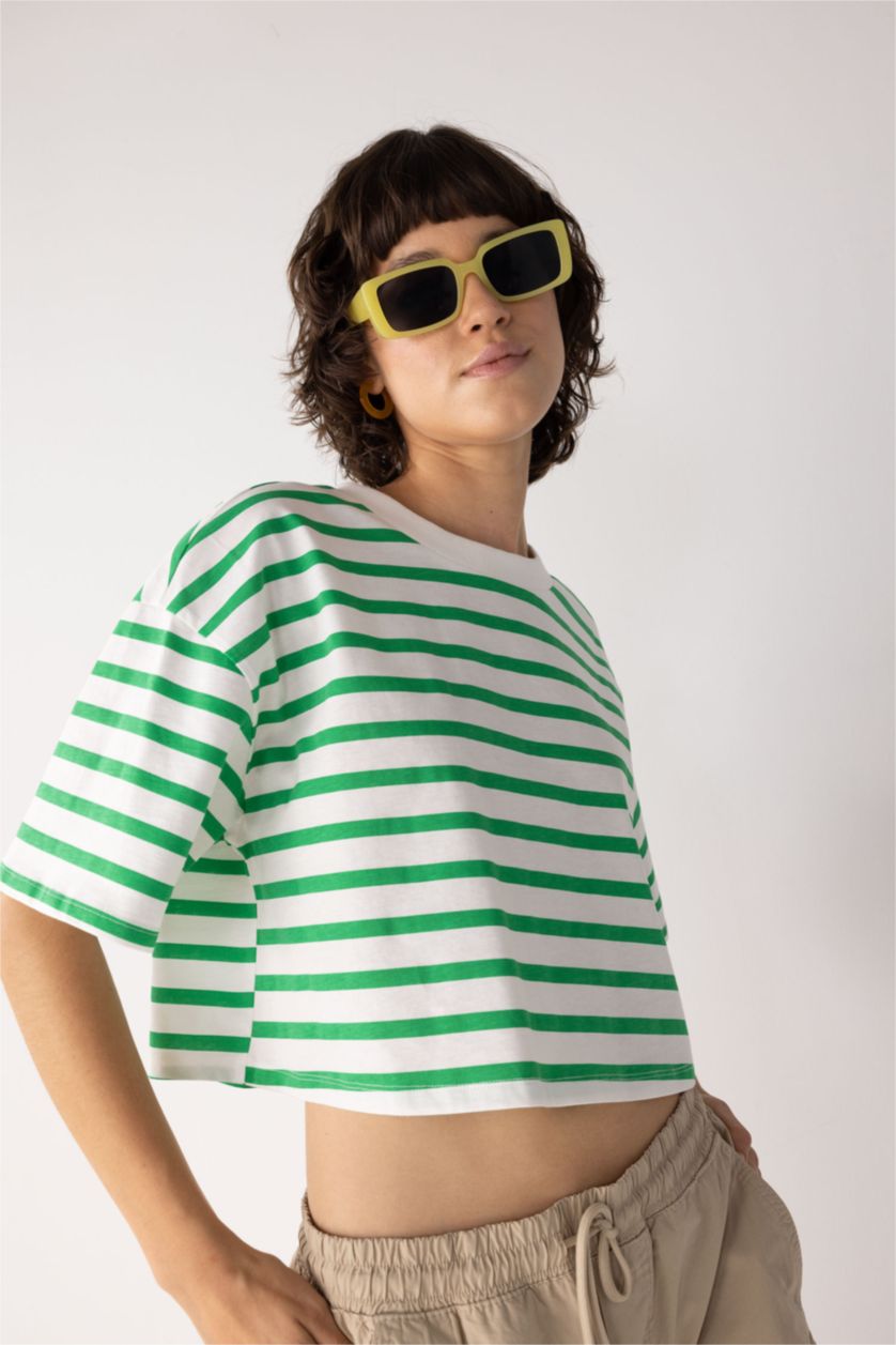 WOMAN Green Striped Short Sleeve Crop Cotton T-Shirt