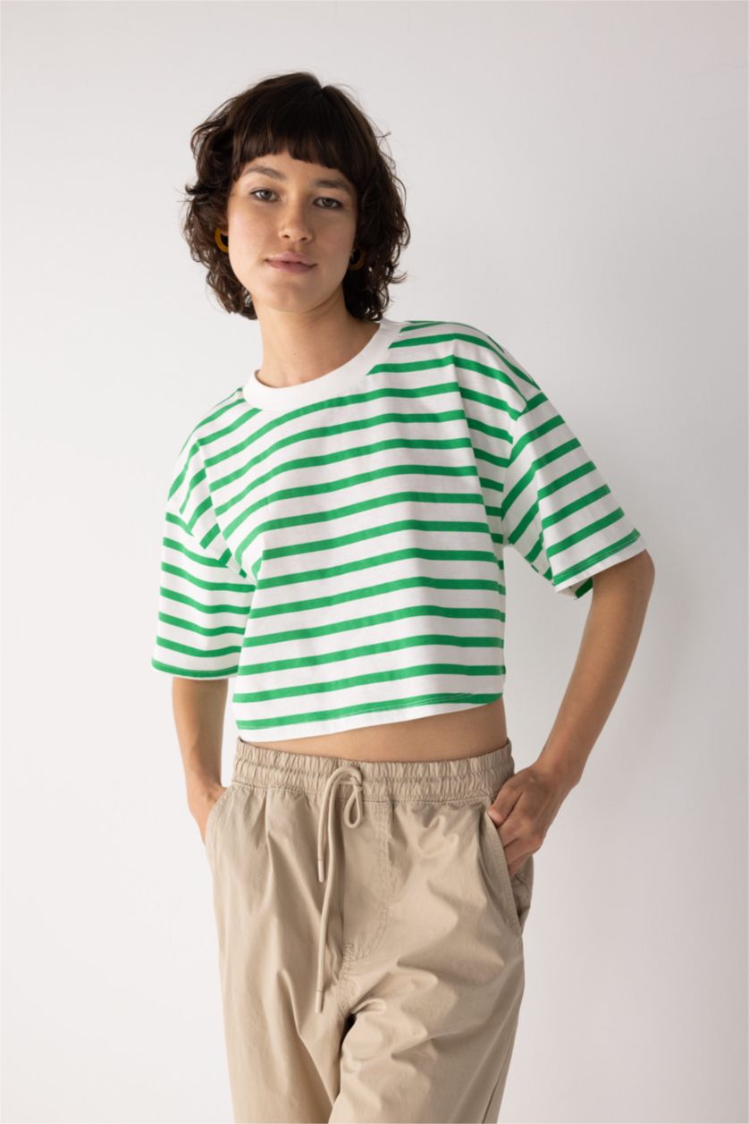WOMAN Green Striped Short Sleeve Crop Cotton T-Shirt
