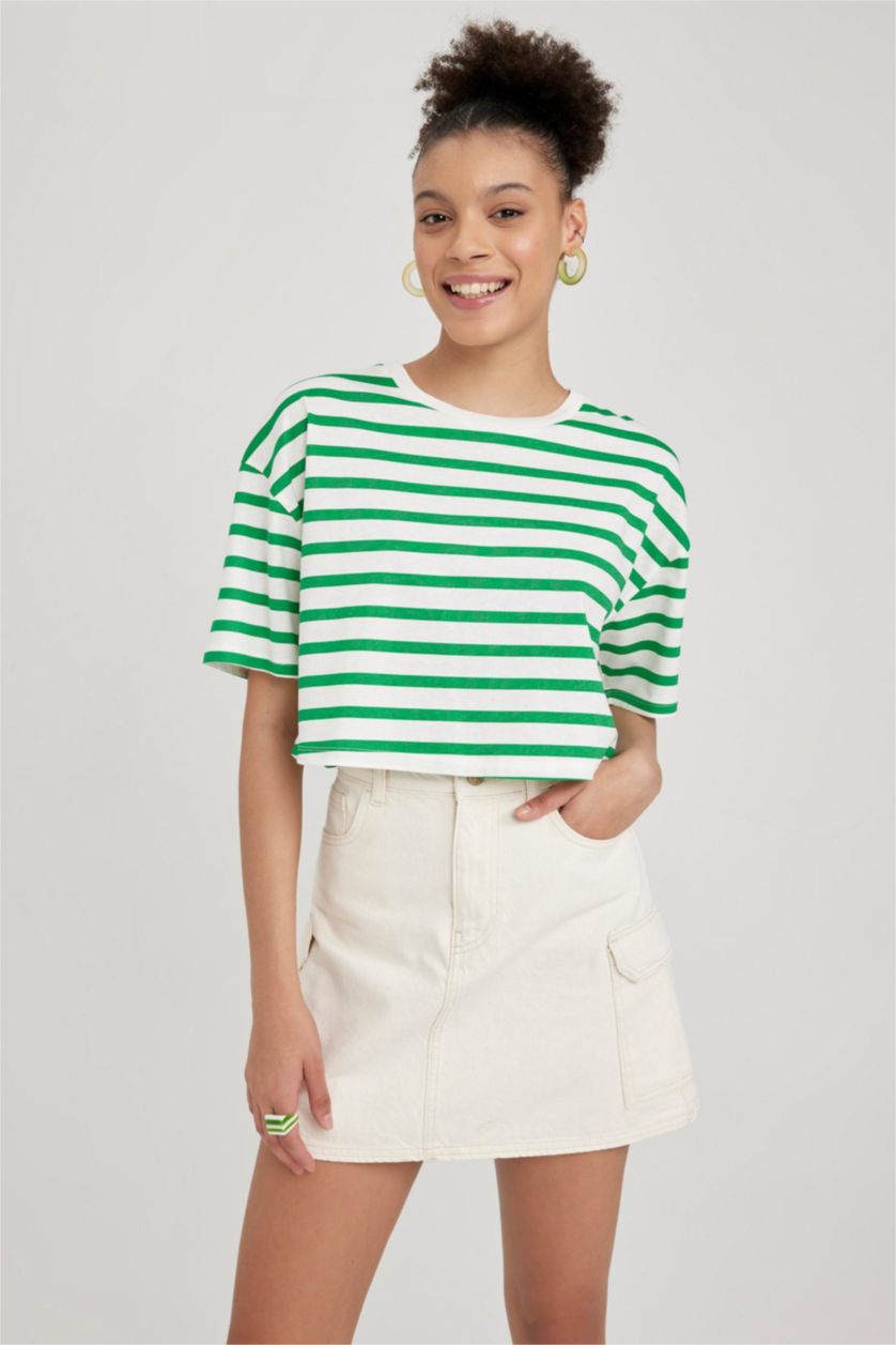 WOMAN Green Striped Short Sleeve Crop Cotton T-Shirt