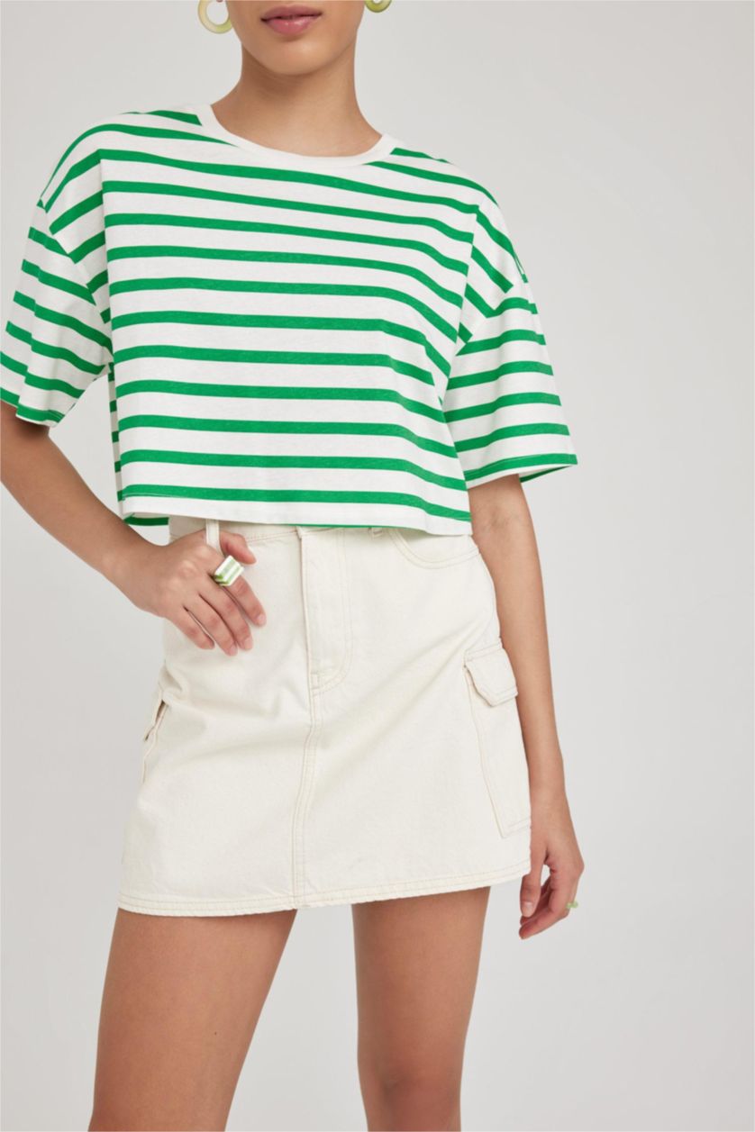 WOMAN Green Striped Short Sleeve Crop Cotton T-Shirt