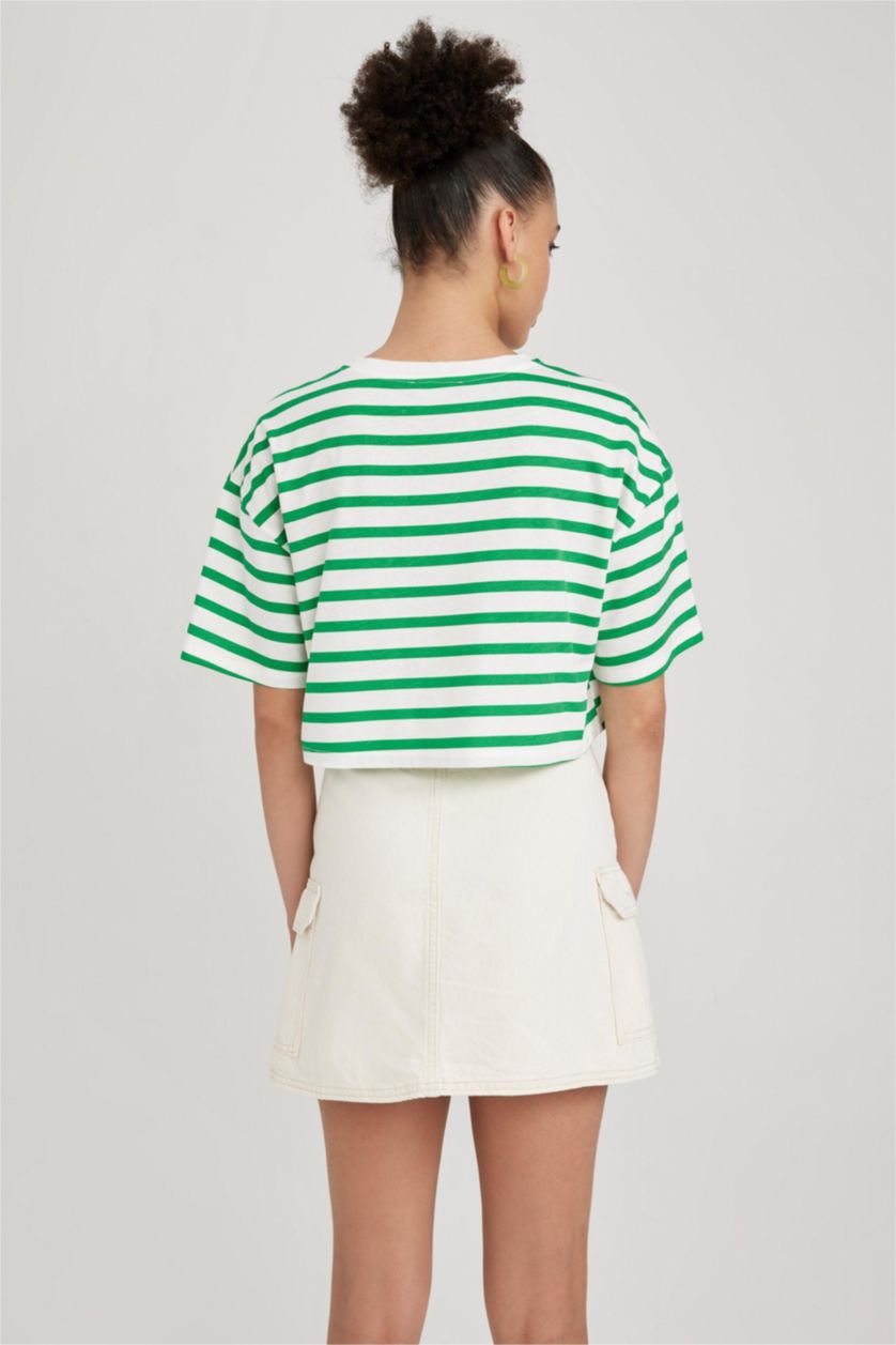 WOMAN Green Striped Short Sleeve Crop Cotton T-Shirt