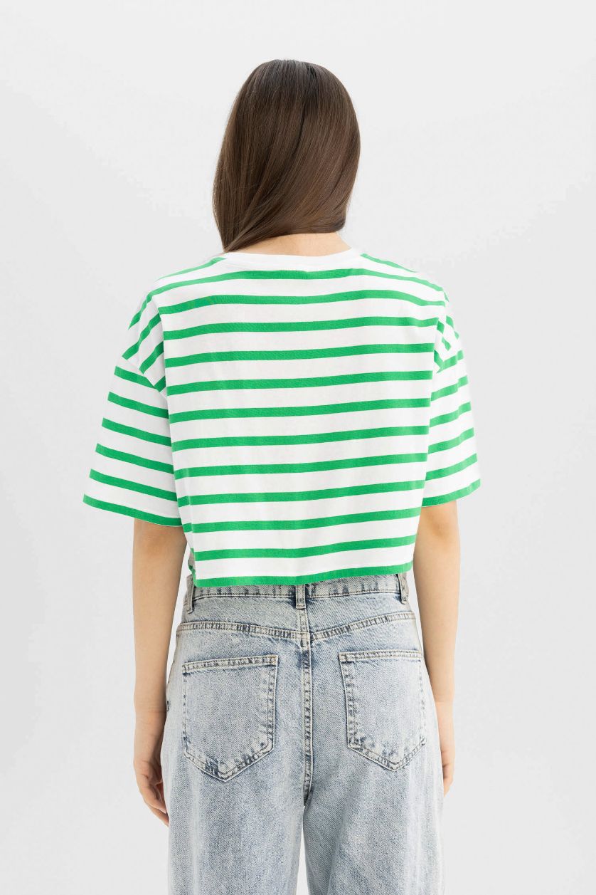 Kadın Yeşil Fıtted Çizgili Kısa Kollu Tişört