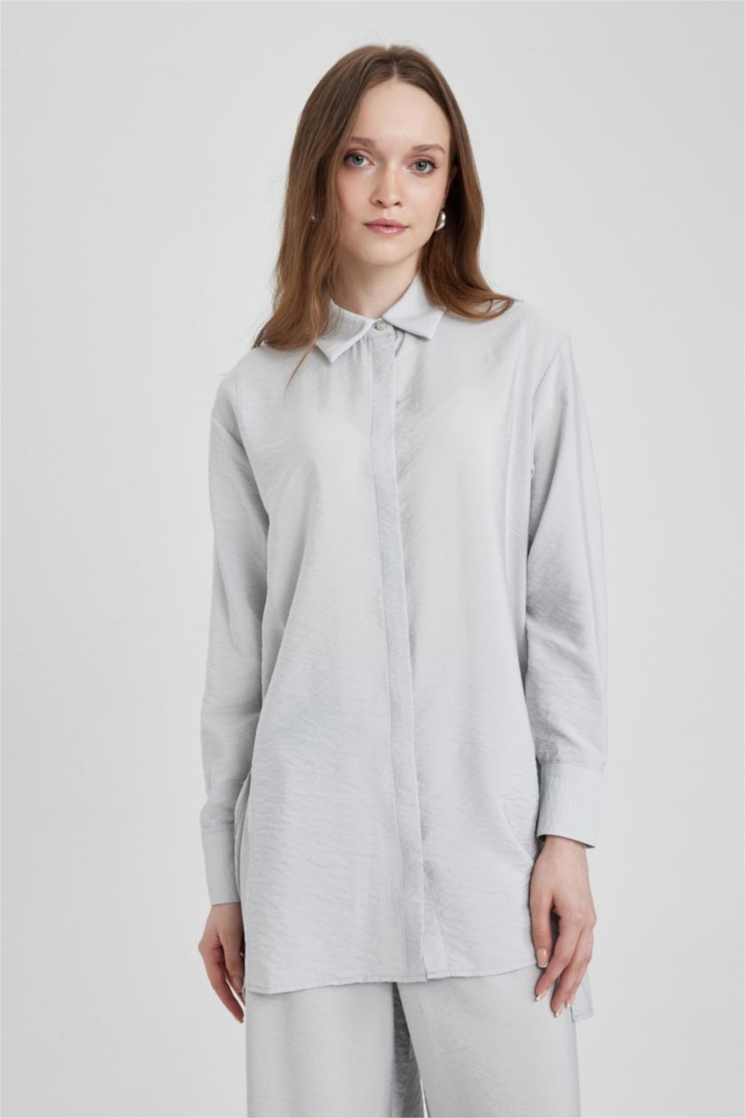 Kadın Açık Gri Regular Fıt Uzun Kollu Tunik