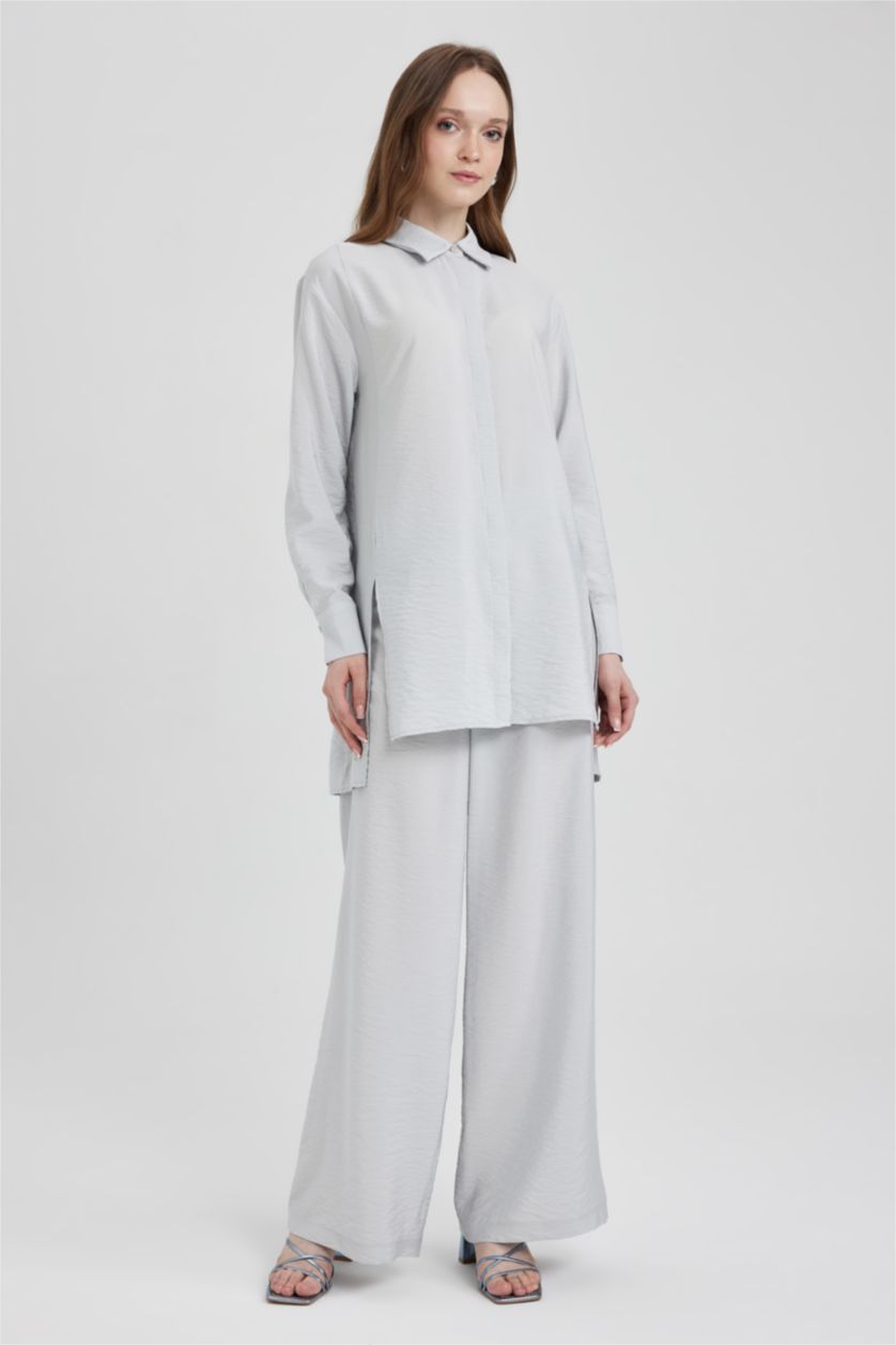 Kadın Açık Gri Regular Fıt Uzun Kollu Tunik