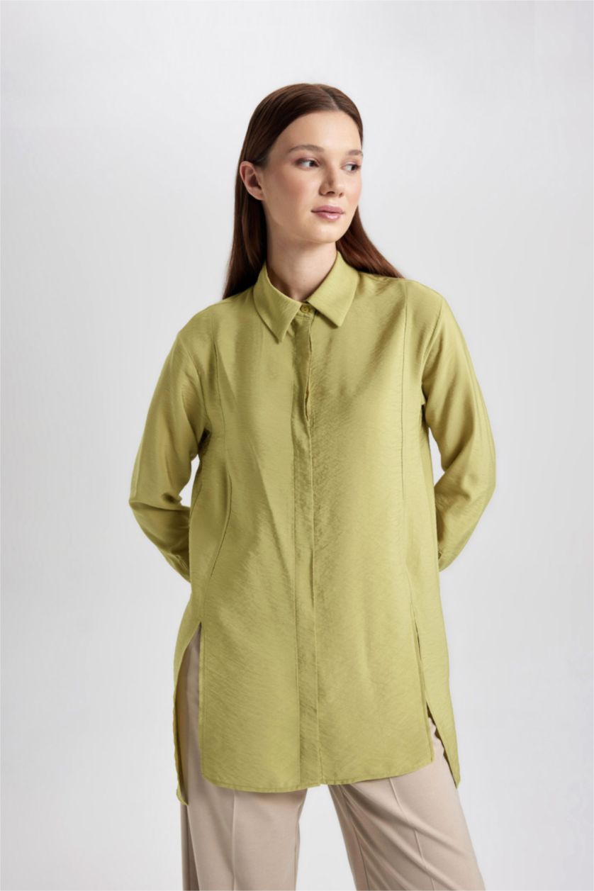 WOMAN Green Regular Fit Long Sleeve Slit Shirt Tunic