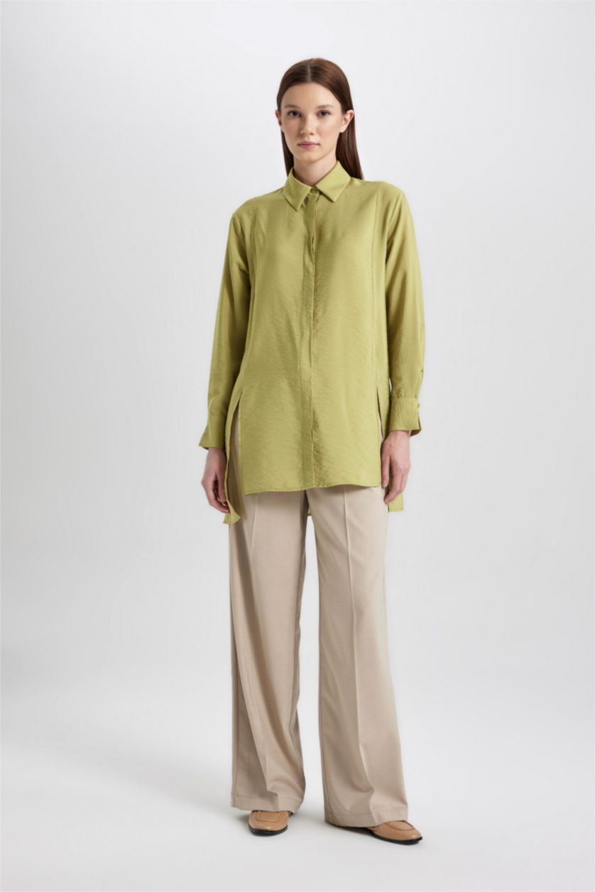 WOMAN Green Regular Fit Long Sleeve Slit Shirt Tunic