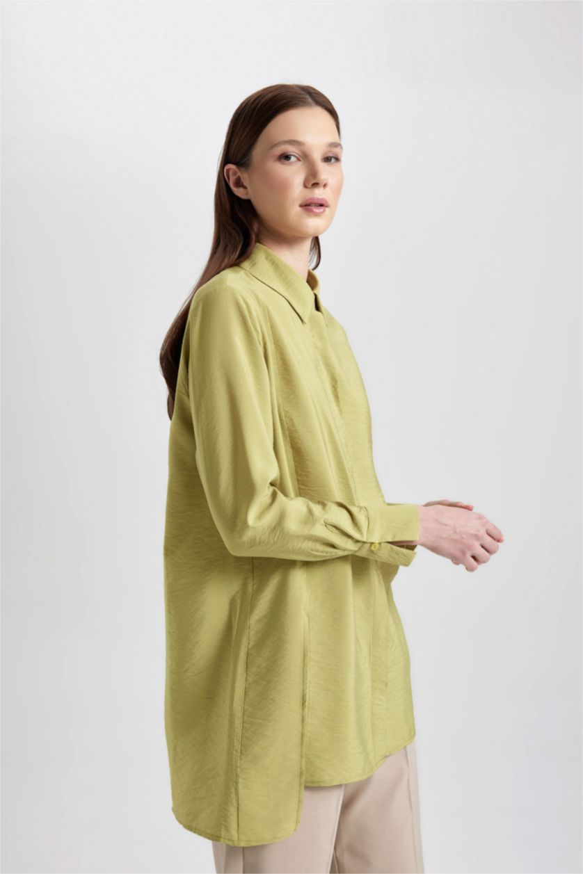 WOMAN Green Regular Fit Long Sleeve Slit Shirt Tunic