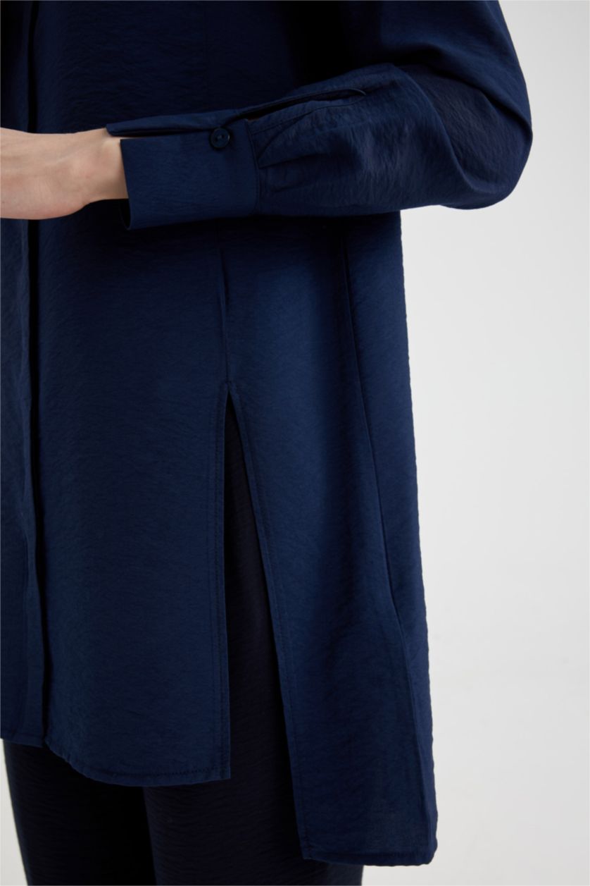 Kadın Lacivert Regular Fit Uzun Kollu Yırtmaçlı Gömlek Tunik