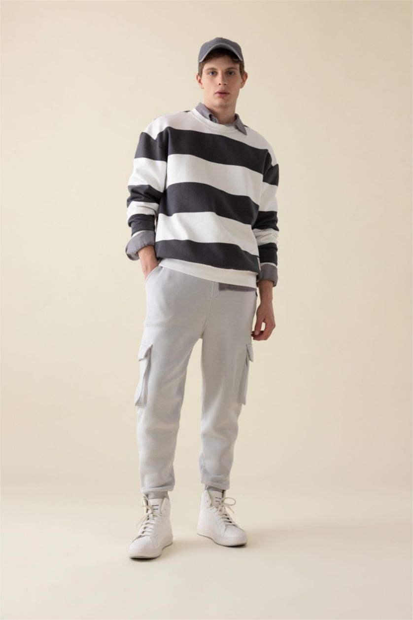 Erkek Antrasit Antrasit Boxy Fit Bisiklet Yaka Çizgili Sweatshirt