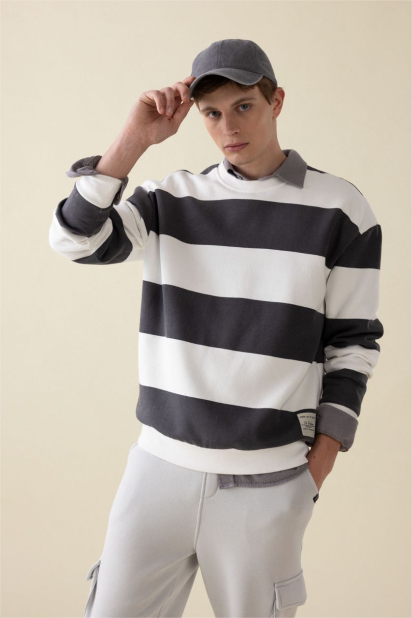 Erkek Antrasit Antrasit Boxy Fit Bisiklet Yaka Çizgili Sweatshirt