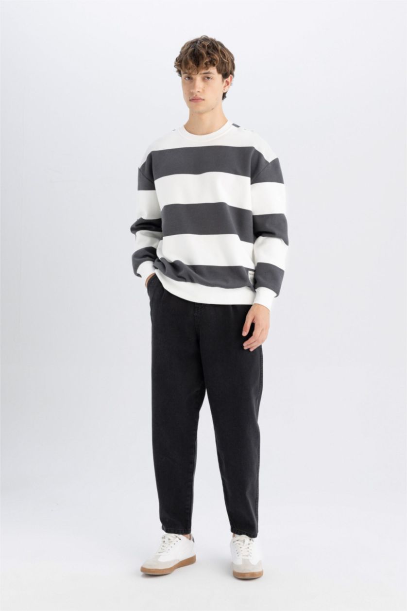 Erkek Antrasit Antrasit Boxy Fit Bisiklet Yaka Çizgili Sweatshirt