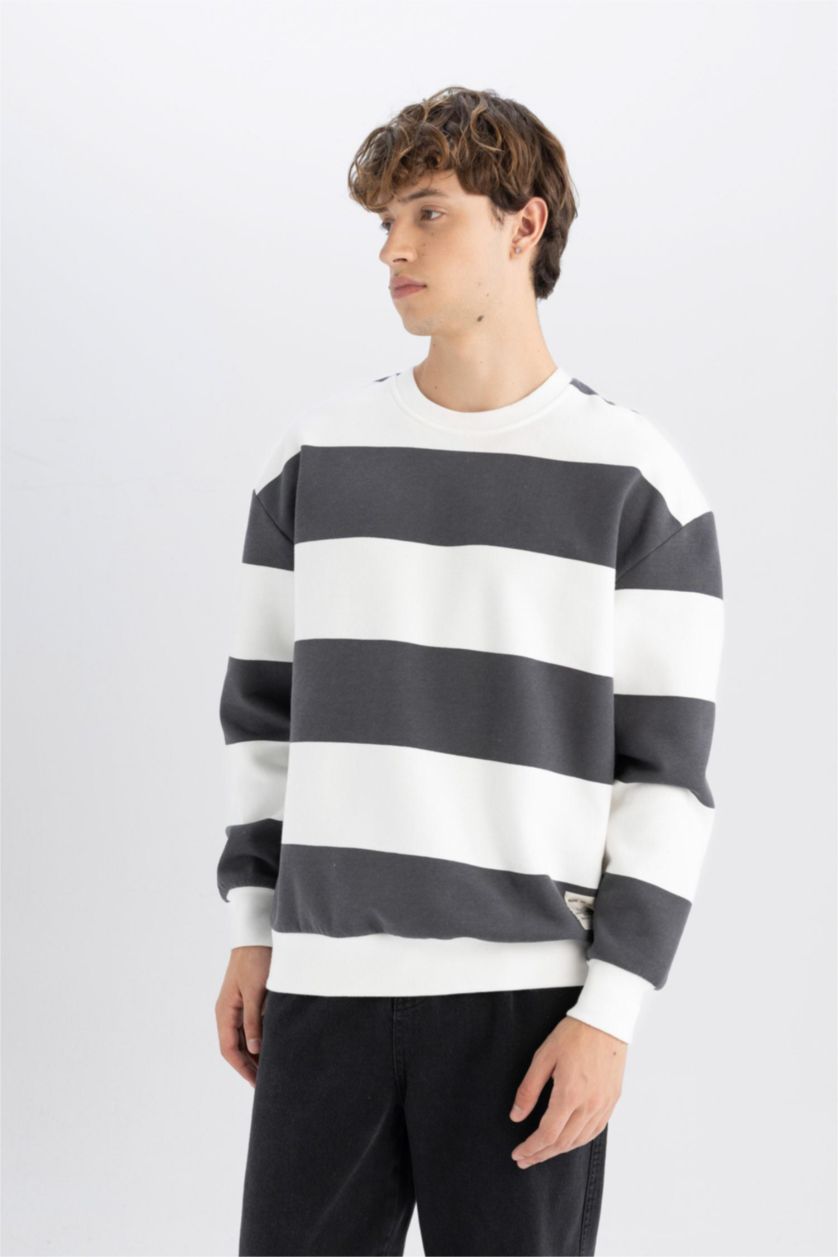 Erkek Antrasit Antrasit Boxy Fit Bisiklet Yaka Çizgili Sweatshirt