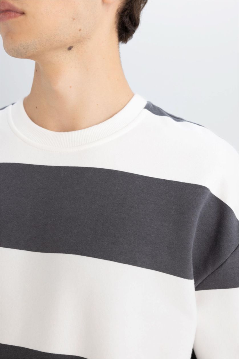 Erkek Antrasit Antrasit Boxy Fit Bisiklet Yaka Çizgili Sweatshirt