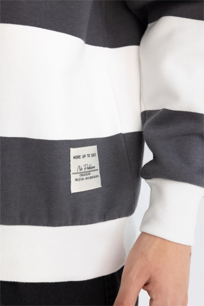 Erkek Antrasit Antrasit Boxy Fit Bisiklet Yaka Çizgili Sweatshirt